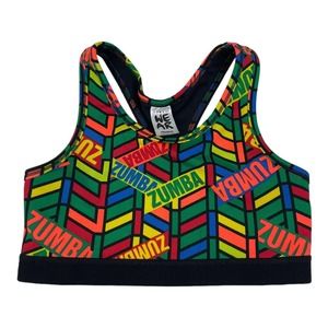 Zumba Girl's Size Youth Medium Racerback Sports Bra Colorful Geometric Spell Out